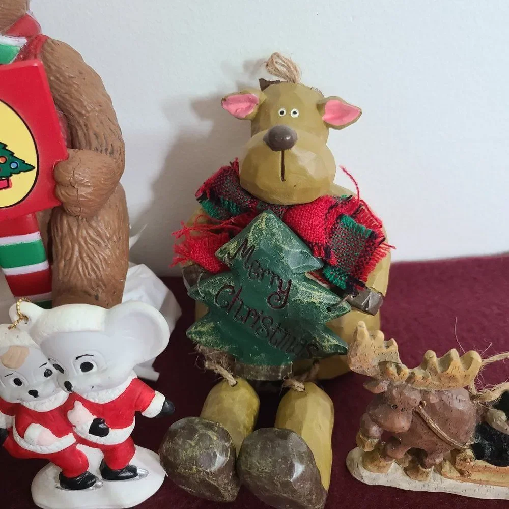 Vintage Christmas Animals Ornaments and Stocking Hanger Bundle Nine Items Lot